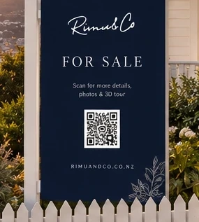 The QR code on a Rimu & Co Real Estate For Sale board, New Zealand