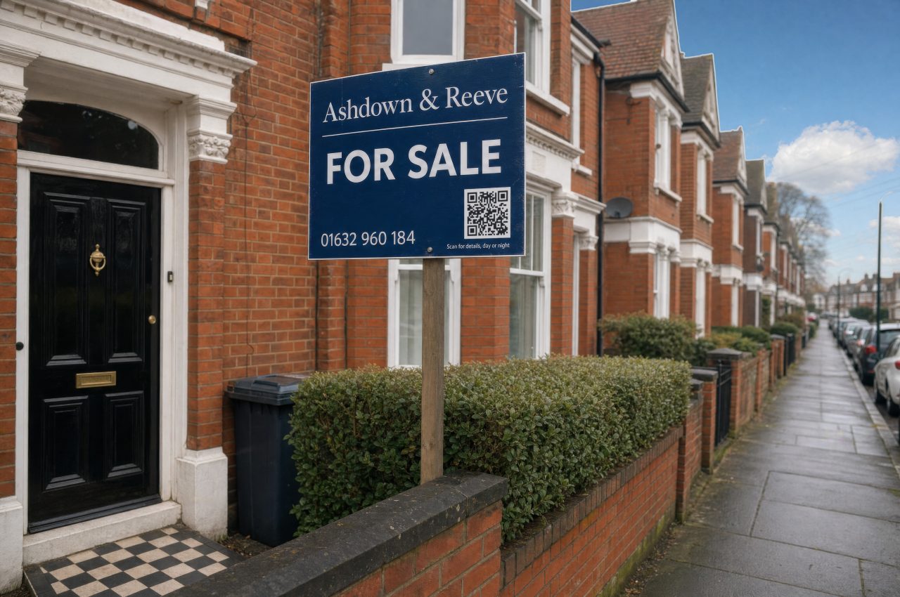 A For Sale board with a QR code outside a Victorian terraced house